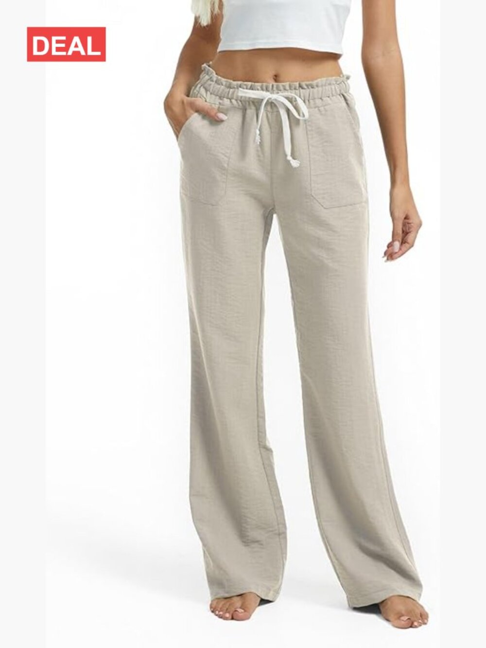 Tall Women Casual Linen Blend Pants 30-36 Inseam Drawstring Smocked Waist
